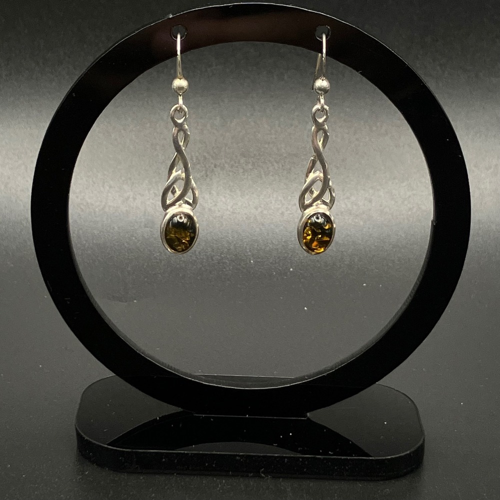 Vintage Sterling Silver Green Amber Celtic Knot Dangle Earrings 1.5" NHJ - Picture 2 of 11